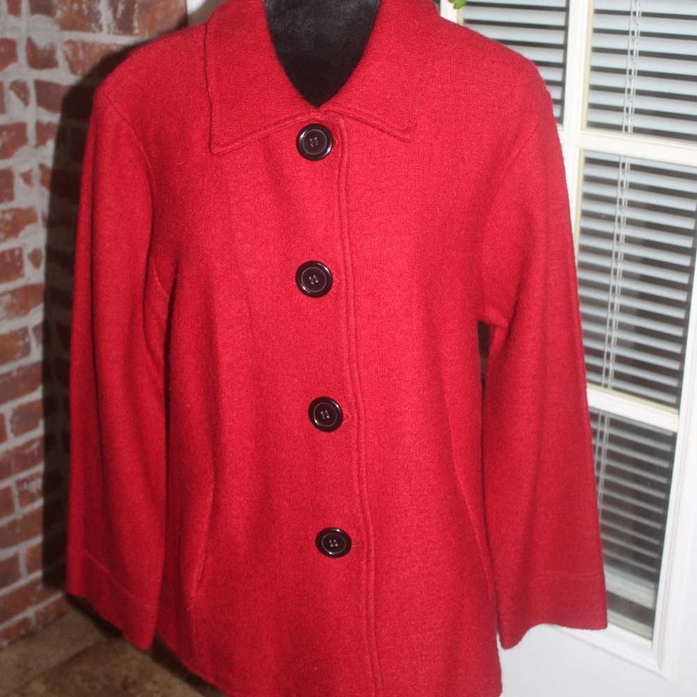 JANE ASHLEY DARK RED WOOL BLEND JACKET Black buttons 2 front Pockets size XL EUC